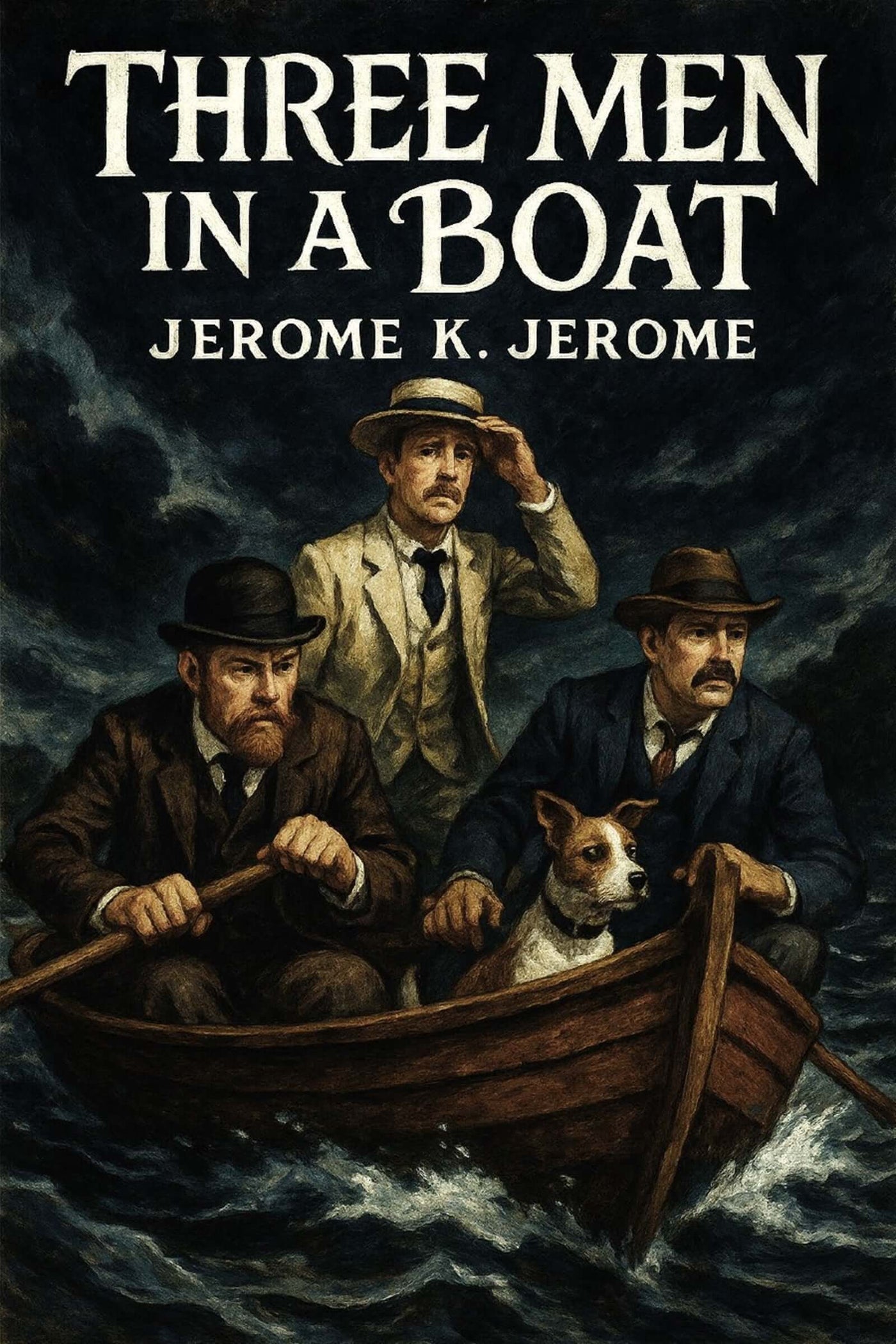 Book cover of 'Three Men in a Boat' by Jerome K. Jerome with three men in a boat and a dog.
