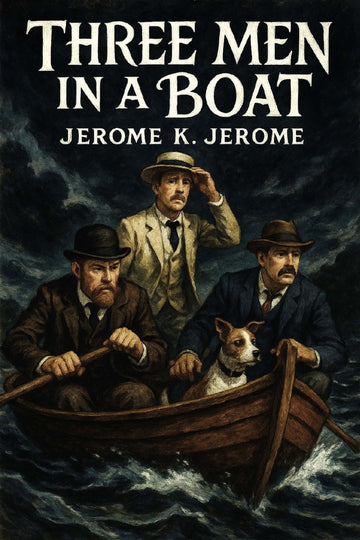 Book cover of 'Three Men in a Boat' by Jerome K. Jerome with three men in a boat and a dog.