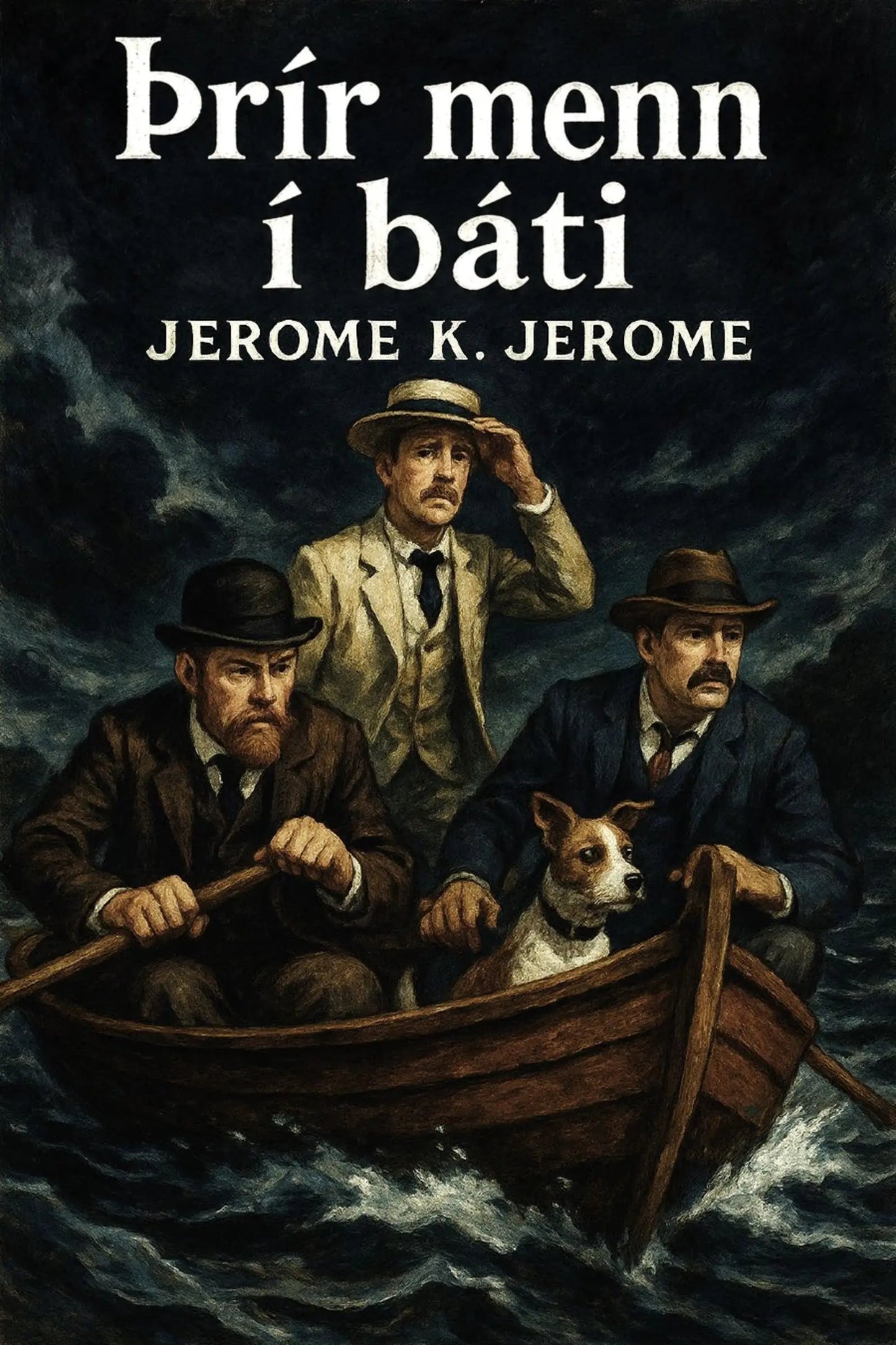 Book cover for 'Þrír menn í báti' by Jerome K. Jerome, featuring an illustration of three men in a rowboat with a dog on a dark, stormy sea.