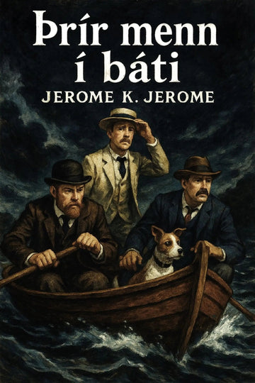 Book cover for 'Þrír menn í báti' by Jerome K. Jerome, featuring an illustration of three men in a rowboat with a dog on a dark, stormy sea.