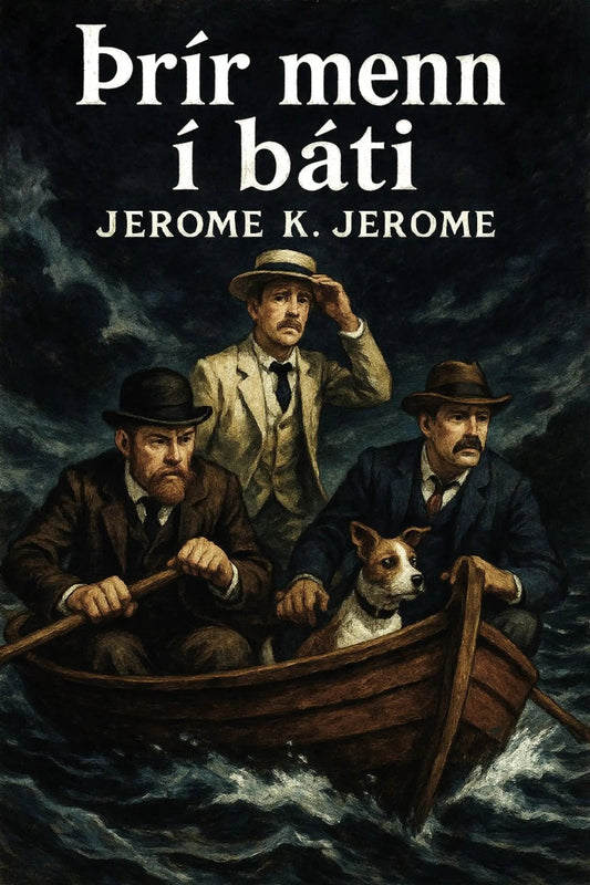 Book cover for 'Þrír menn í báti' by Jerome K. Jerome, featuring an illustration of three men in a rowboat with a dog on a dark, stormy sea.