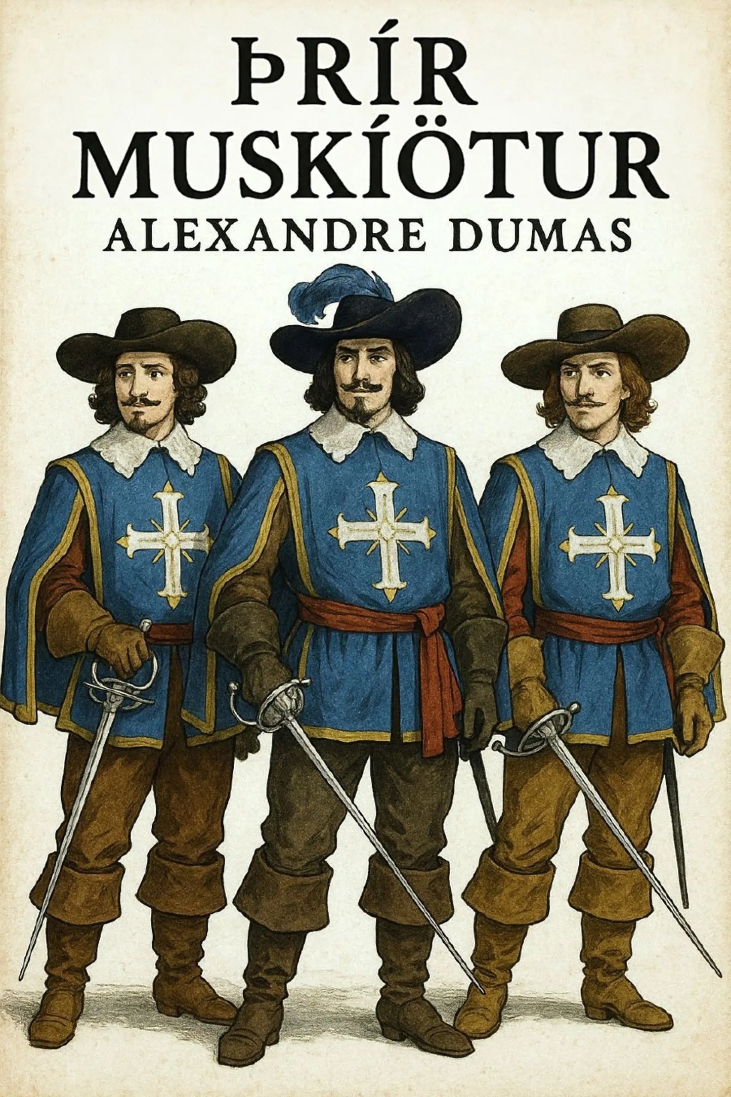 Book cover for 'Þrír muskíötur' by Alexandre Dumas, featuring an illustration of three historical French soldiers in blue tunics with white crosses, brown hats, and swords, set against a cream-colored background with black title text.