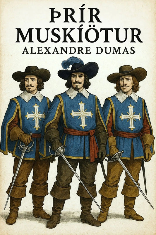 Book cover for 'Þrír muskíötur' by Alexandre Dumas, featuring an illustration of three historical French soldiers in blue tunics with white crosses, brown hats, and swords, set against a cream-colored background with black title text.