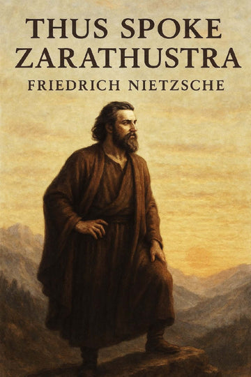 Book cover of 'Thus Spoke Zarathustra' by Friedrich Nietzsche with a man on a mountain.