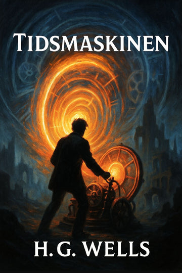 Book cover of 'Tidsmaskinen' by H.G. Wells with a silhouette of a person and mechanical design.