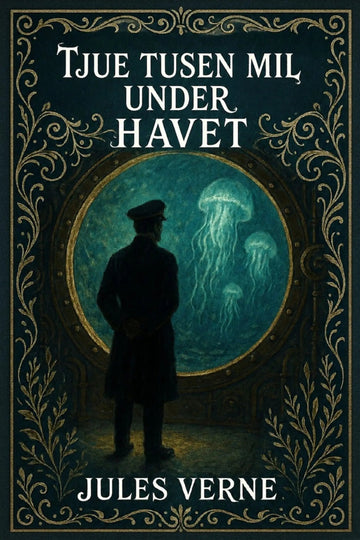 Book cover of 'Tjue tusen mil under havet' by Jules Verne featuring a silhouette of a person looking at a jellyfish.