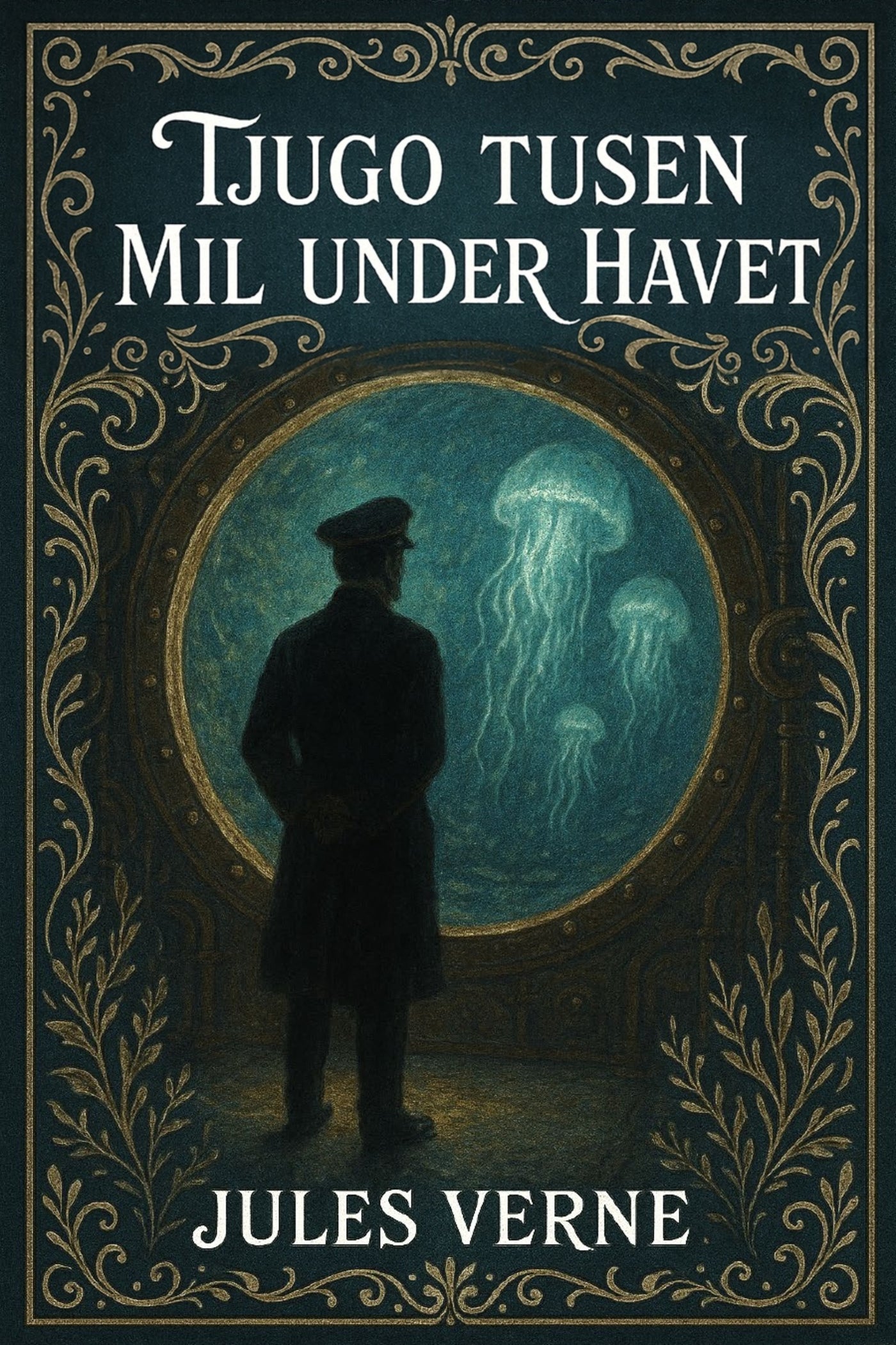 Book cover of 'Tjugo tusen mil under havet' by Jules Verne with a silhouette of a person and a jellyfish.