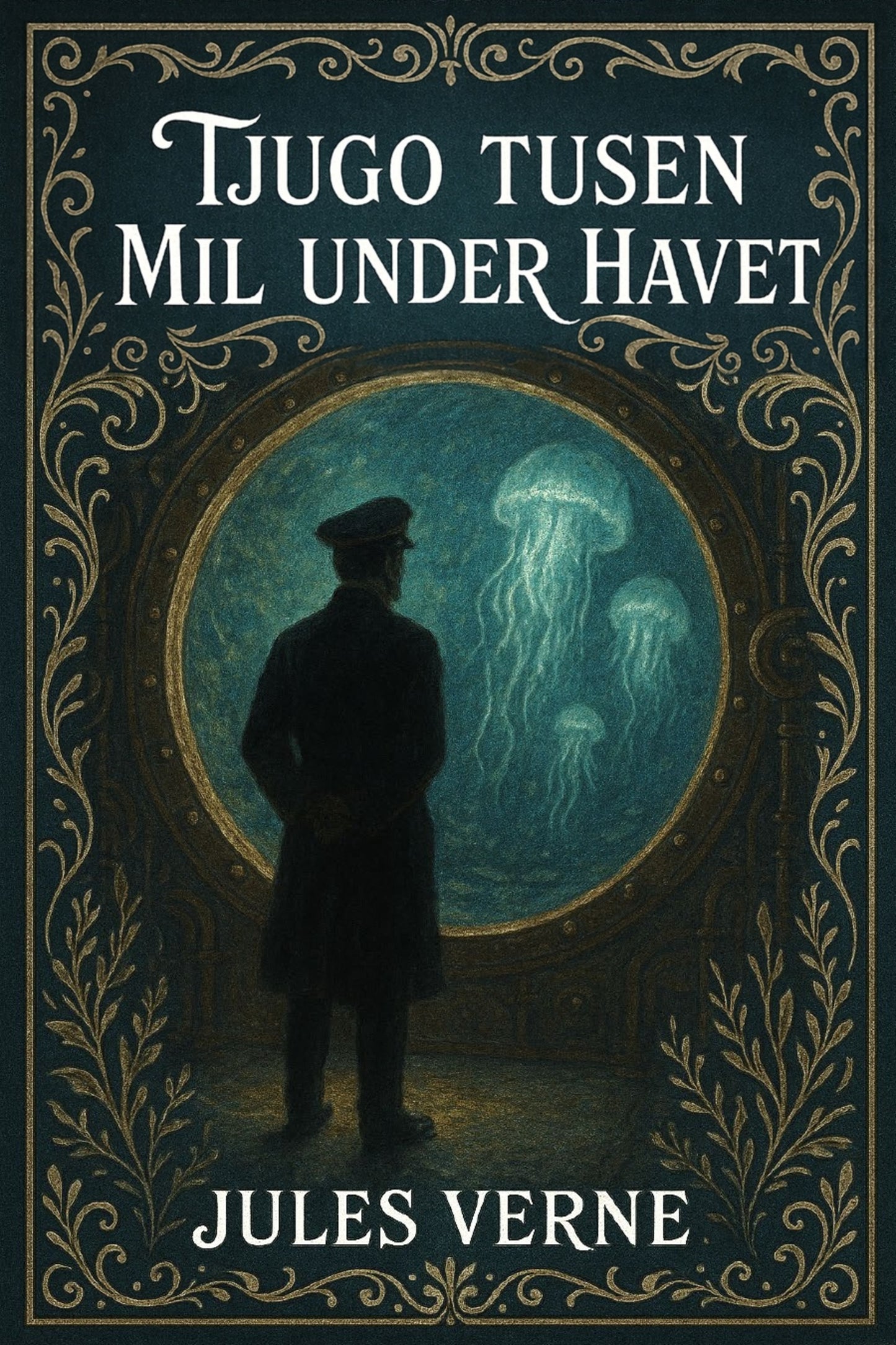 Book cover of 'Tjugo tusen mil under havet' by Jules Verne with a silhouette of a person and a jellyfish.