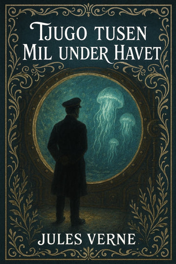 Book cover of 'Tjugo tusen mil under havet' by Jules Verne with a silhouette of a person and a jellyfish.