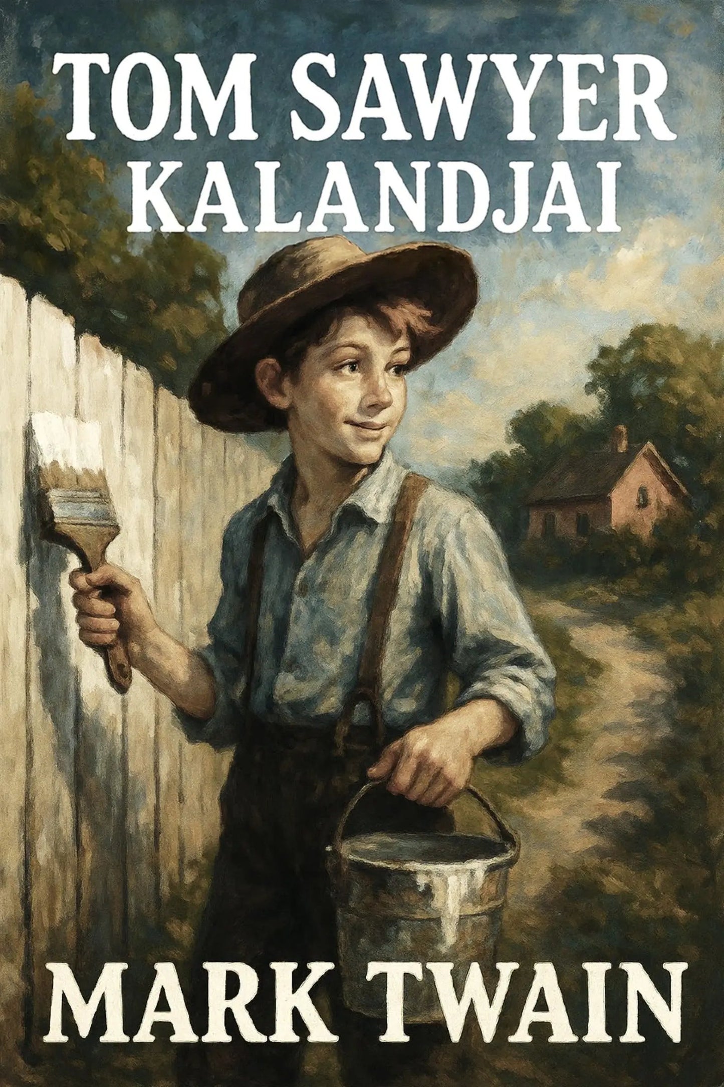 Book cover for 'Tom Sawyer kalandjai' by Mark Twain, featuring an illustrated young boy in a hat and suspenders painting a fence, holding a paintbrush and a bucket, with a rural path and house in the background.