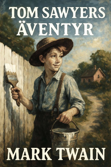 Book cover of 'Tom Sawyers äventyr' by Mark Twain featuring a boy painting a fence.