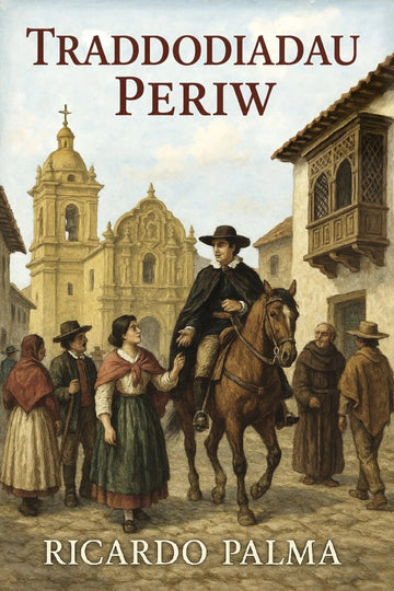 Book cover for 'Traddodiadau Periw' by Ricardo Palma, featuring a historical illustration of a man on horseback in a Spanish colonial town square with a church and onlookers.