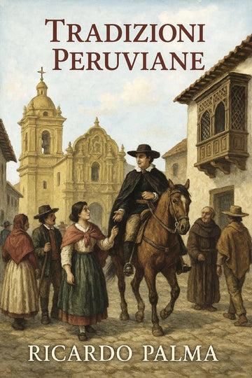 Book cover for 'Tradizioni peruviane' by Ricardo Palma, featuring a historical painting of a Peruvian street scene with a man on horseback and others in traditional clothing.