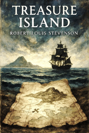 Book cover of 'Treasure Island' by Robert Louis Stevenson featuring a ship, island, and map.