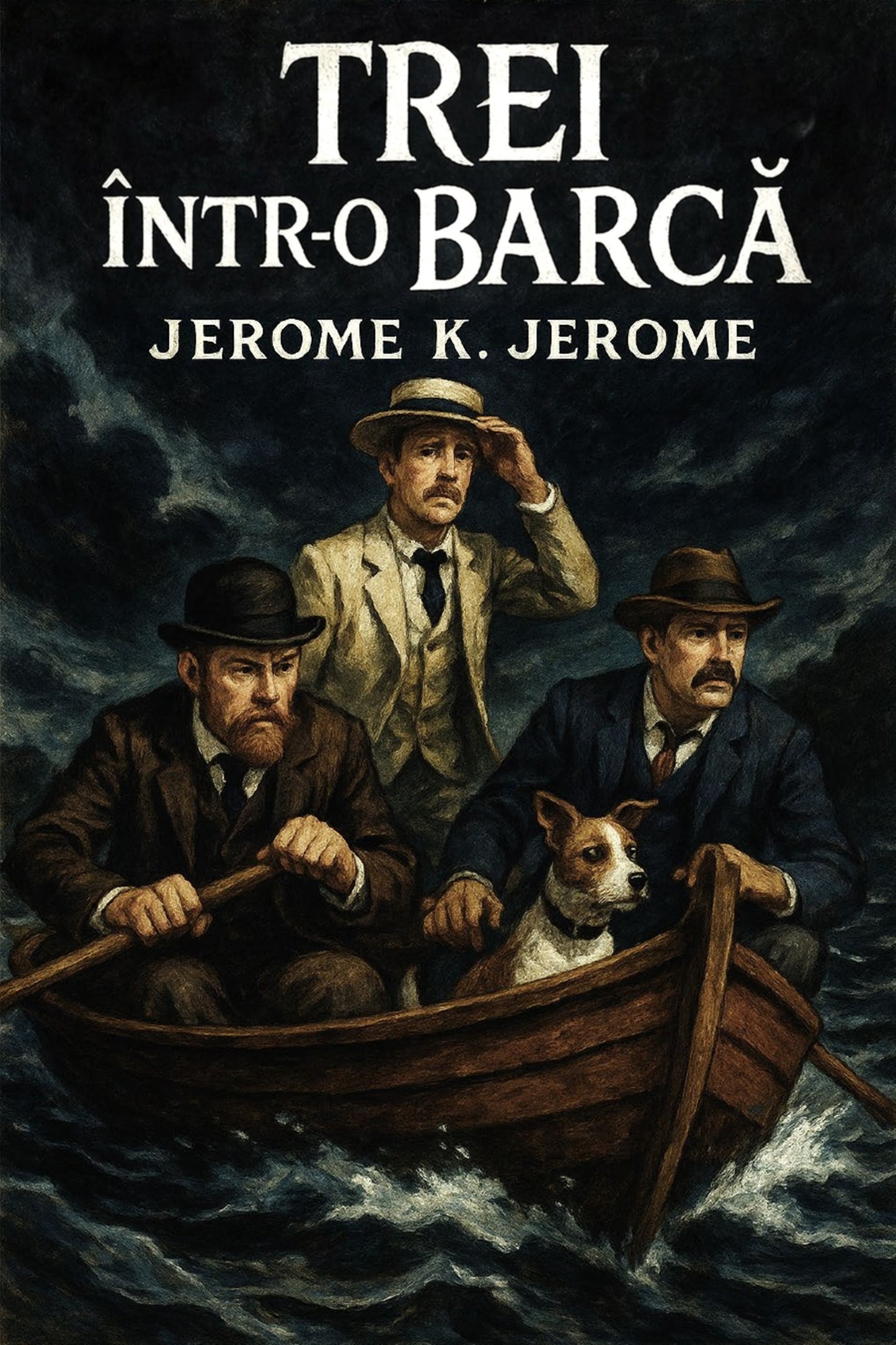 Book cover of 'Trei într-o barcă' by Jerome K. Jerome with three men in a boat and a dog.
