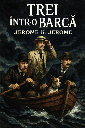 Book cover of 'Trei într-o barcă' by Jerome K. Jerome with three men in a boat and a dog.