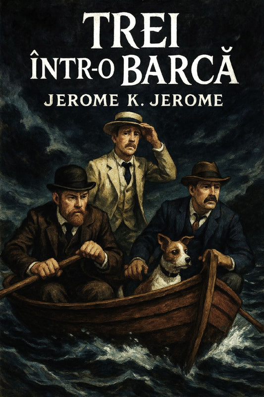 Book cover of 'Trei într-o barcă' by Jerome K. Jerome with three men in a boat and a dog.