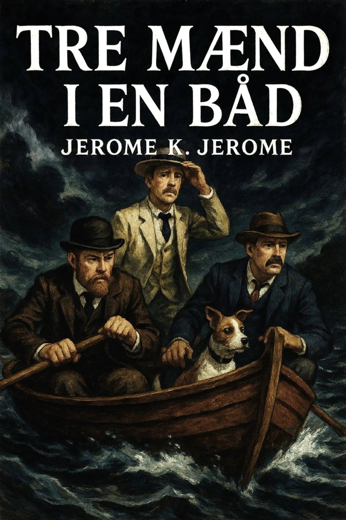 Book cover for 'Tre mænd i en båd' by Jerome K. Jerome, featuring an illustration of three men in a small boat on dark, stormy water, with a small dog.