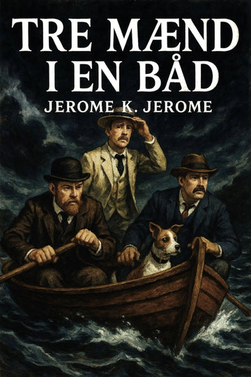 Book cover for 'Tre mænd i en båd' by Jerome K. Jerome, featuring an illustration of three men in a small boat on dark, stormy water, with a small dog.