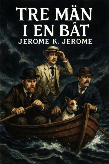 Book cover of 'Tre män i en båt' by Jerome K. Jerome with three men in a boat and a dog.