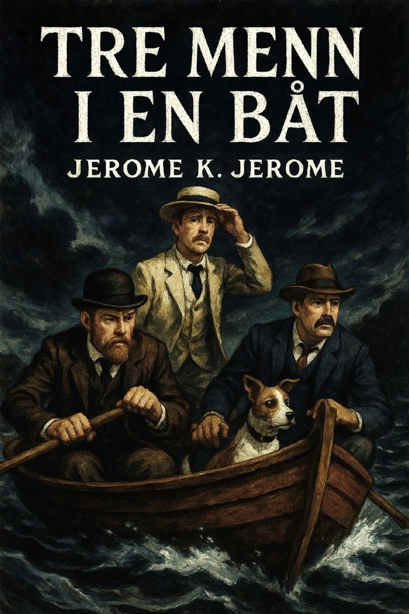 Book cover of 'Tre menn i en båt' by Jerome K. Jerome with three men in a boat and a dog.