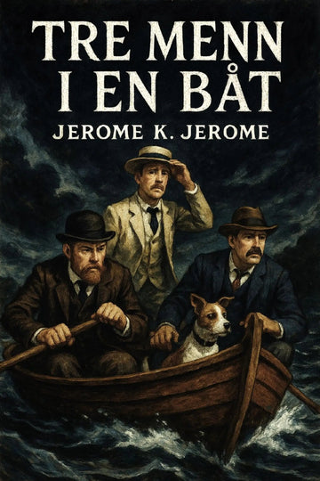 Book cover of 'Tre menn i en båt' by Jerome K. Jerome with three men in a boat and a dog.