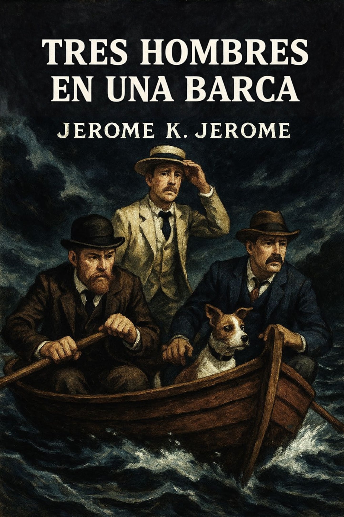 Book cover of 'Tres hombres en una barca' by Jerome K. Jerome with three men in a boat and a dog.