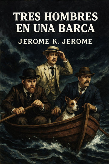 Book cover of 'Tres hombres en una barca' by Jerome K. Jerome with three men in a boat and a dog.