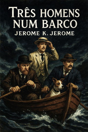 Book cover of 'Três homens num barco' by Jerome K. Jerome with three men in a boat and a dog.