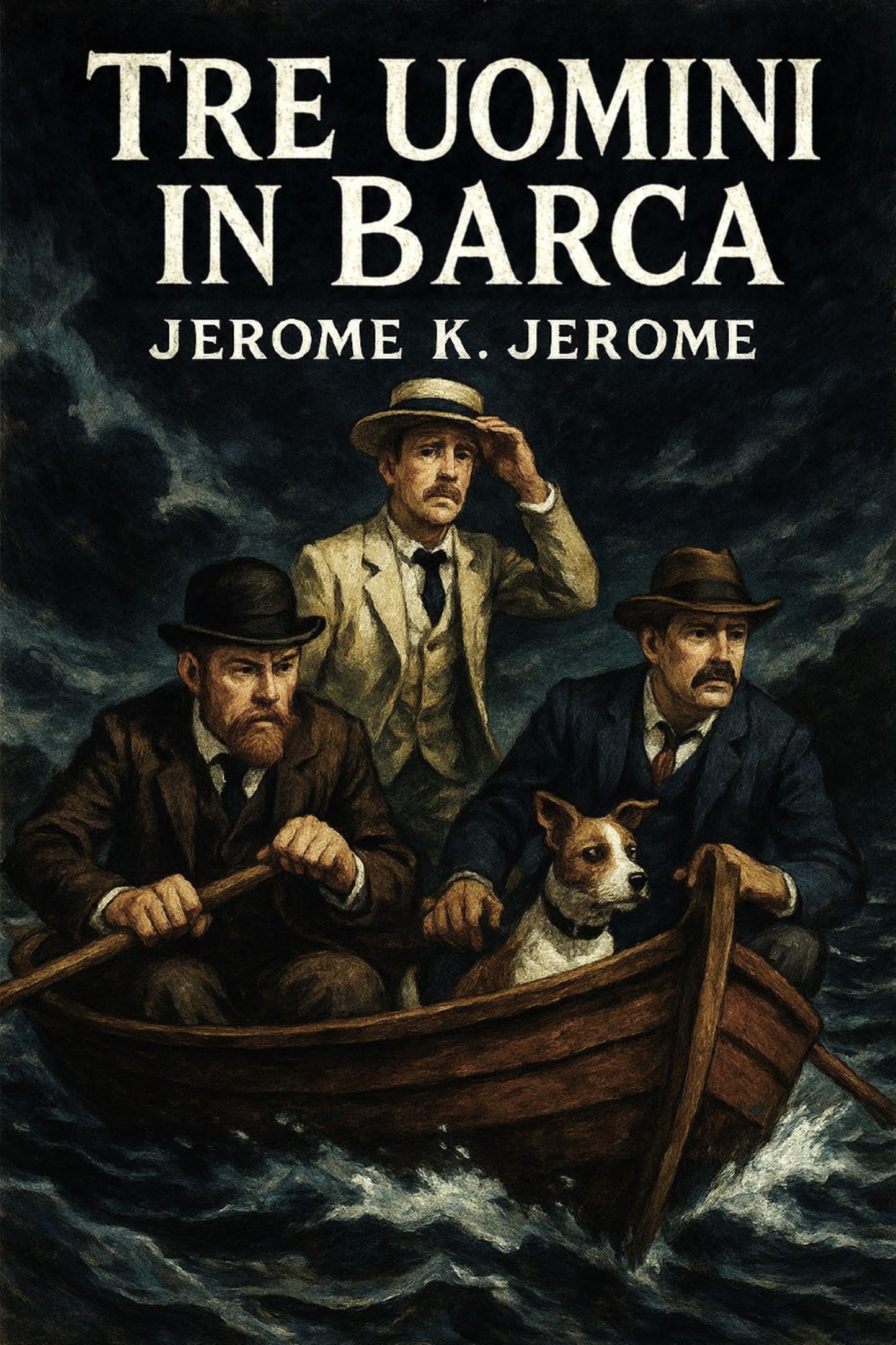 Book cover of 'Tre uomini in barca' by Jerome K. Jerome with illustration of three men in a boat.