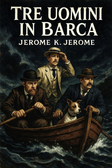 Book cover of 'Tre uomini in barca' by Jerome K. Jerome with illustration of three men in a boat.