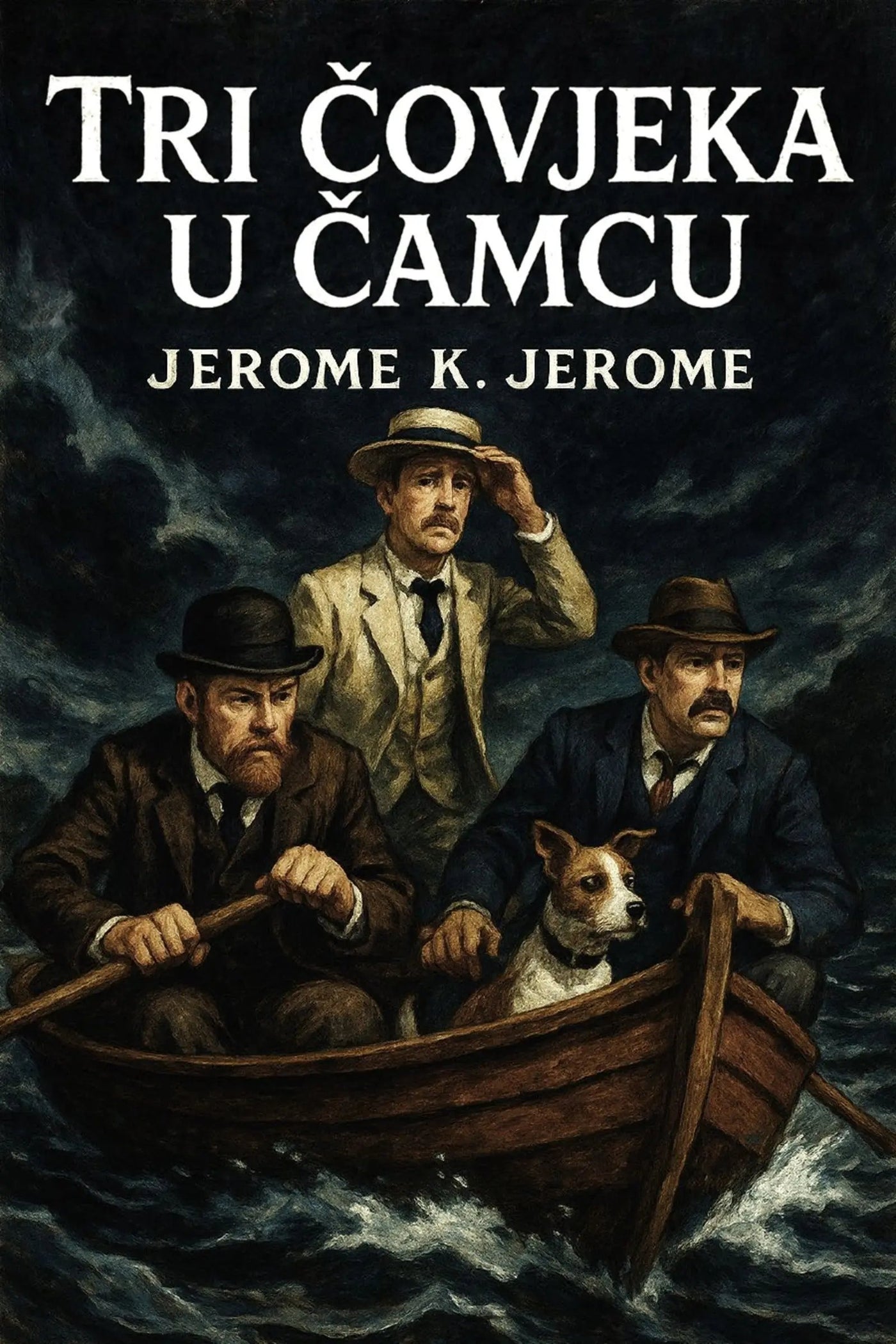 Book cover for 'Tri čovjeka u čamcu' by Jerome K. Jerome, featuring an illustration of three men in a small boat on dark, stormy water, with the title in large white text at the top.