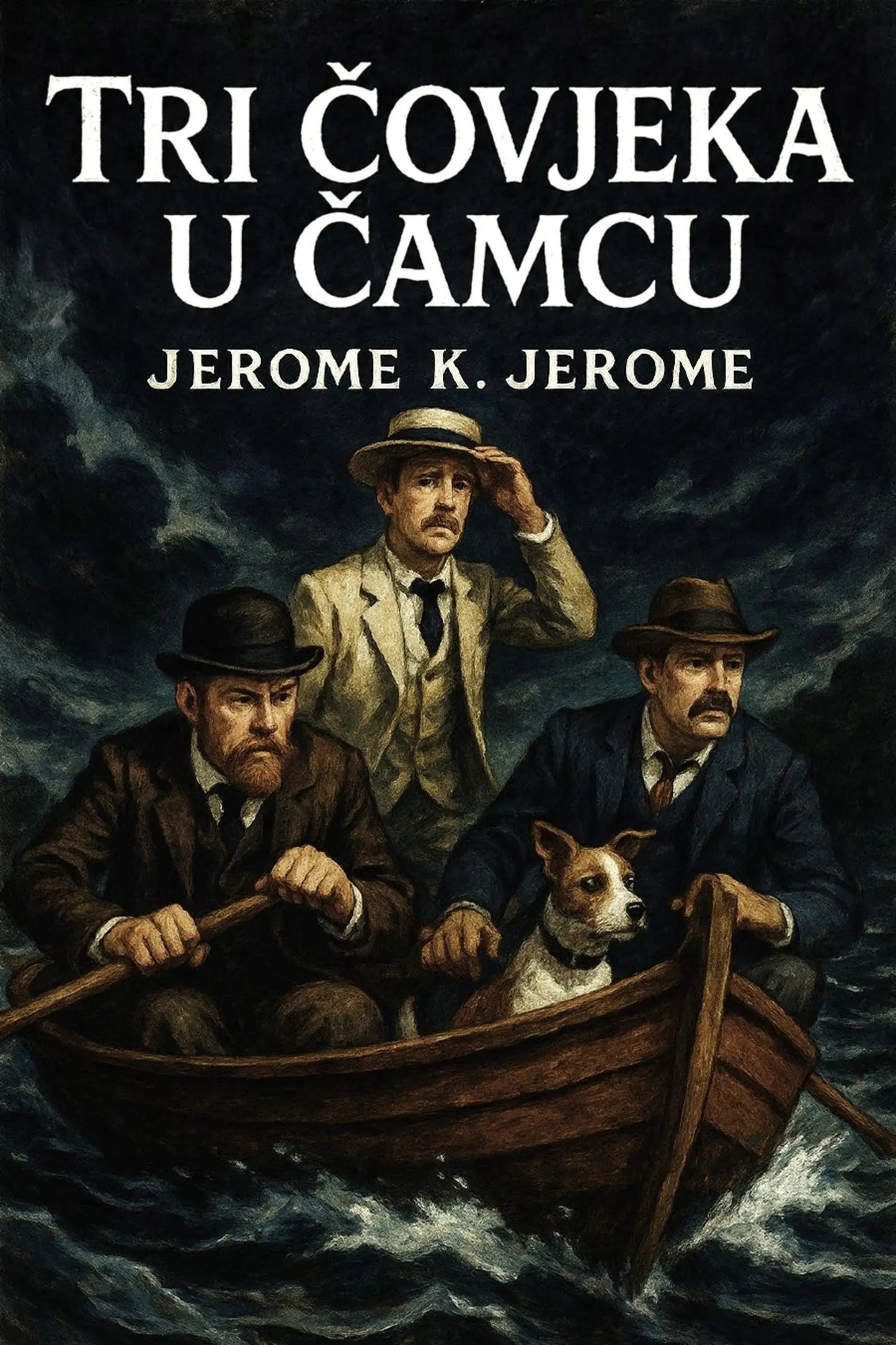 Book cover for 'Tri čovjeka u čamcu' by Jerome K. Jerome, featuring an illustration of three men in a small boat on dark, stormy water, with the title in large white text at the top.