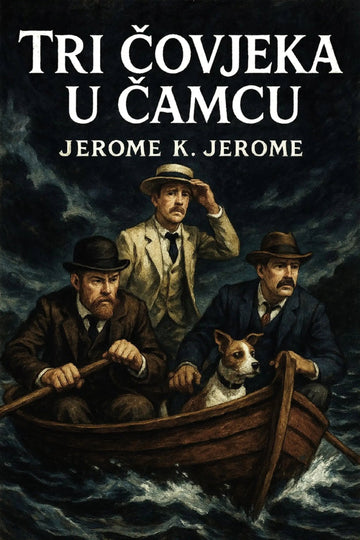 Book cover for 'Tri čovjeka u čamcu' by Jerome K. Jerome, featuring an illustration of three men in a small boat on dark, stormy water, with the title in large white text at the top.