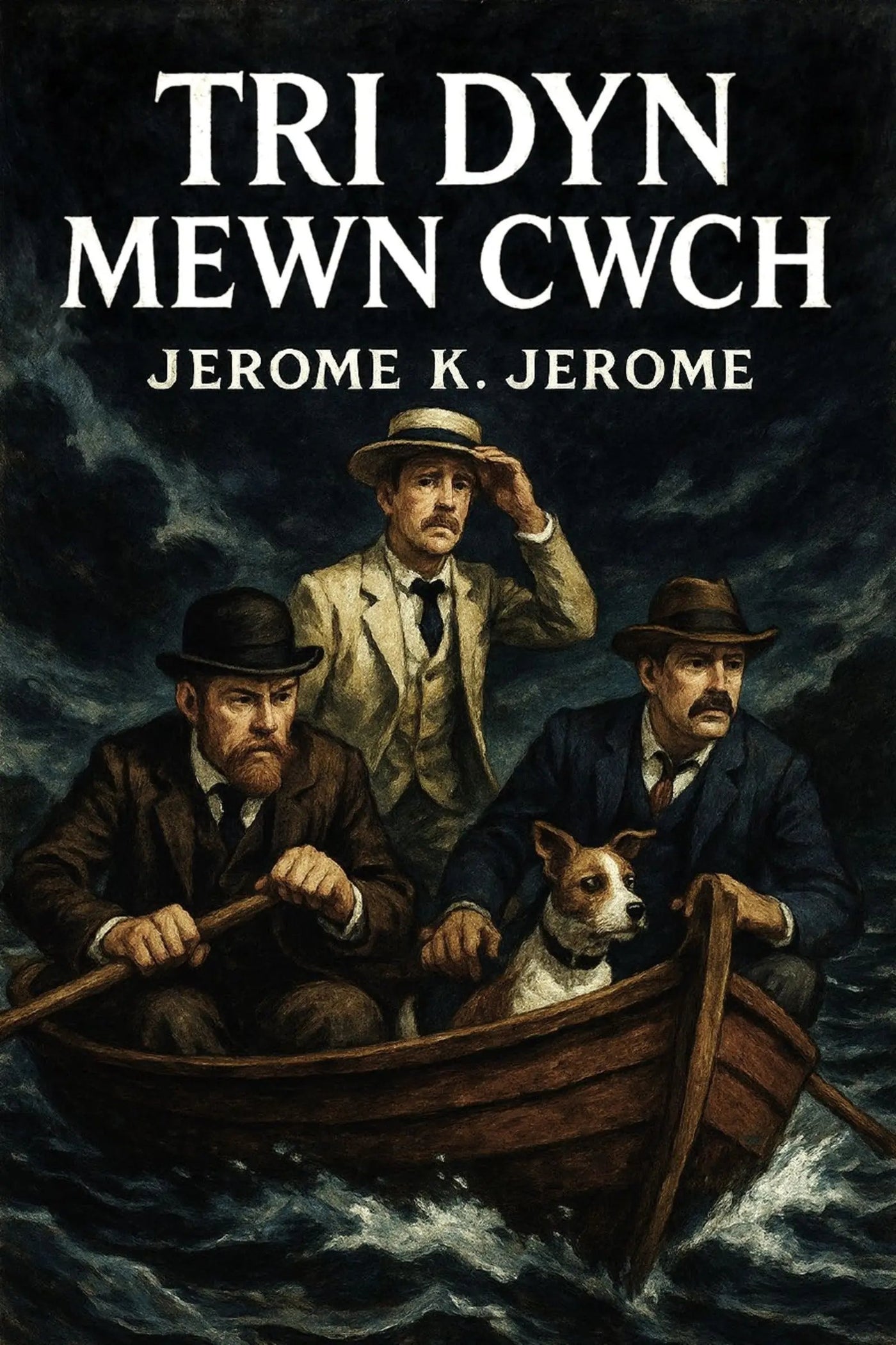 Book cover for 'Tri dyn mewn cwch' by Jerome K. Jerome, featuring an illustration of three men in a small rowboat with a dog on a dark, stormy sea under a cloudy night sky.