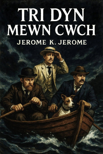 Book cover for 'Tri dyn mewn cwch' by Jerome K. Jerome, featuring an illustration of three men in a small rowboat with a dog on a dark, stormy sea under a cloudy night sky.