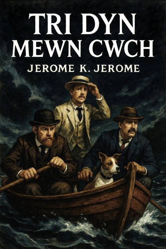 Book cover for 'Tri dyn mewn cwch' by Jerome K. Jerome, featuring an illustration of three men in a small rowboat with a dog on a dark, stormy sea under a cloudy night sky.
