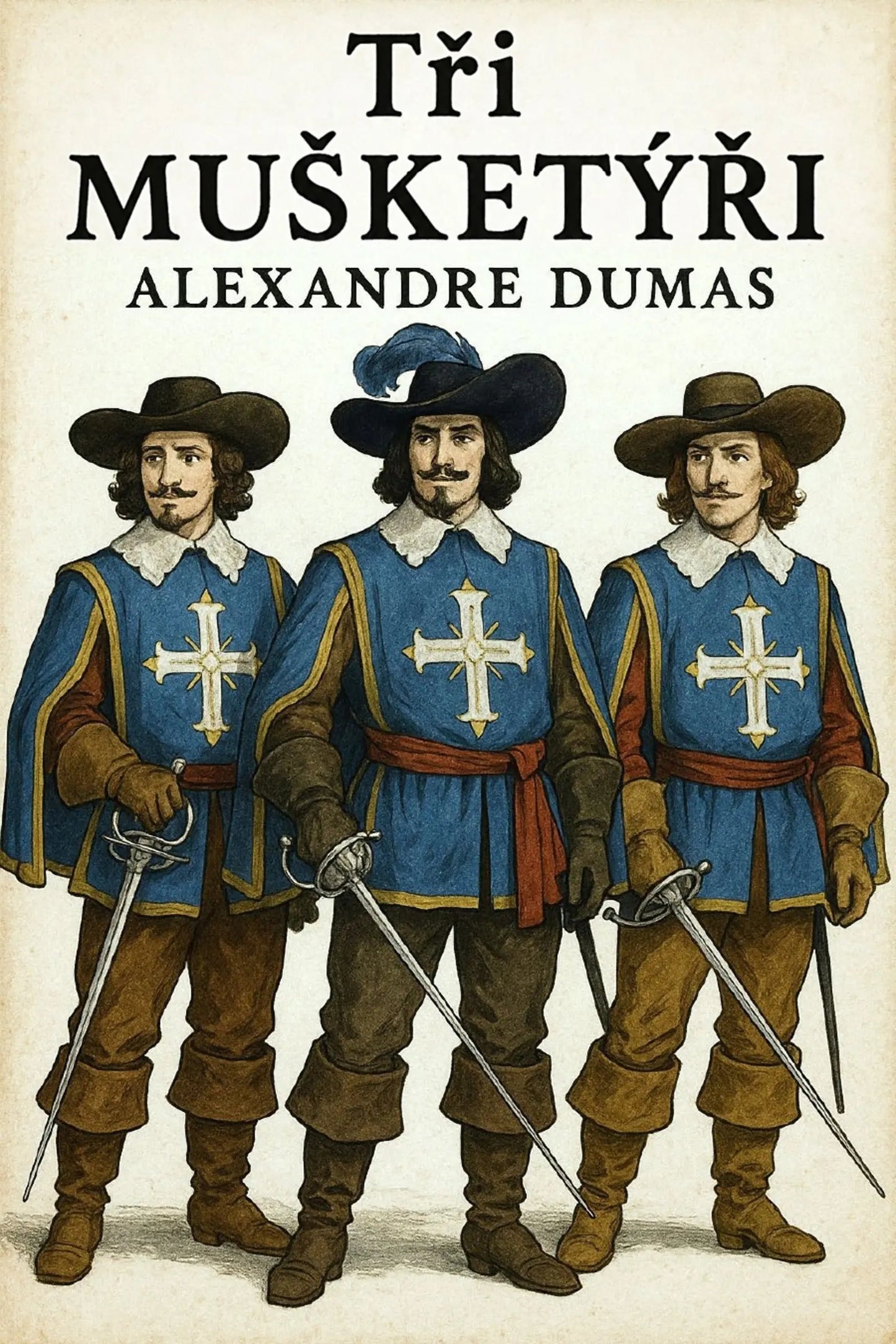 Book cover for 'Tři mušketýři' by Alexandre Dumas, featuring an illustration of the three historical figures in blue tunics with white crosses, brown hats, and swords, on a cream background with black title text.
