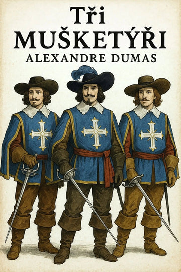 Book cover for 'Tři mušketýři' by Alexandre Dumas, featuring an illustration of the three historical figures in blue tunics with white crosses, brown hats, and swords, on a cream background with black title text.