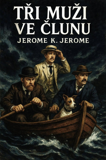 Book cover for 'Tři muži ve člunu' by Jerome K. Jerome, featuring an illustration of three men in a small rowboat on dark, stormy water, with a small dog in the boat.