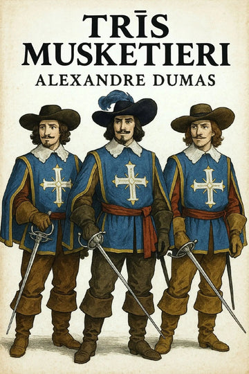Book cover for 'Trīs musketieri' by Alexandre Dumas, featuring an illustration of three historical musketeers in blue tunics with white crosses, brown hats, and swords, on a cream background.