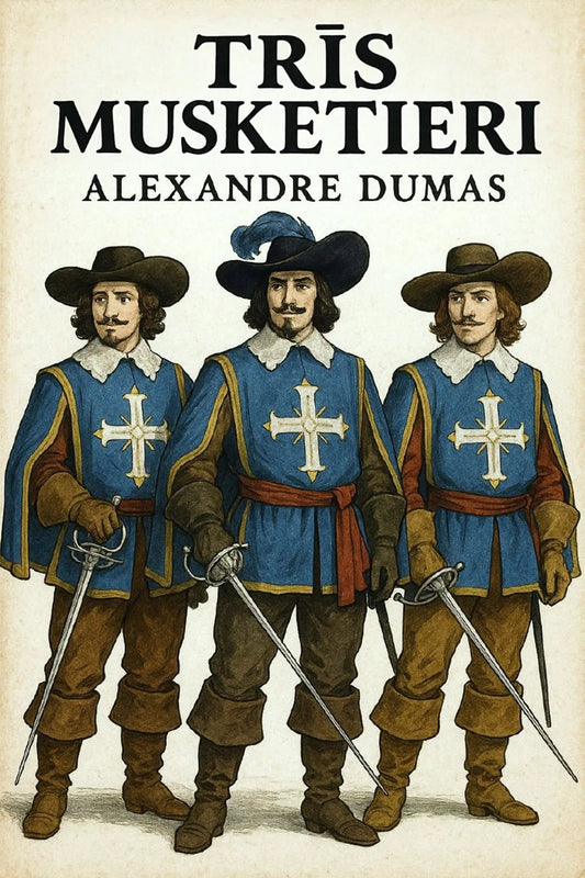 Book cover for 'Trīs musketieri' by Alexandre Dumas, featuring an illustration of three historical musketeers in blue tunics with white crosses, brown hats, and swords, on a cream background.