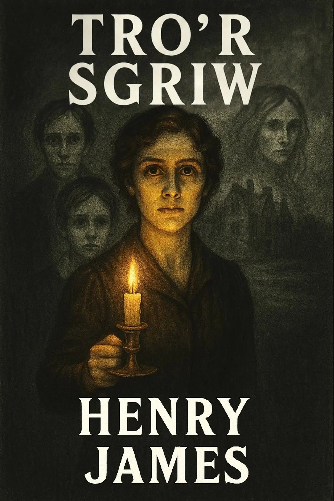 Book cover for 'Tro’r Sgriw' by Henry James, featuring a dark, atmospheric illustration of a woman holding a lit candle, with three ghostly faces in the background and the title and author name in large white text.