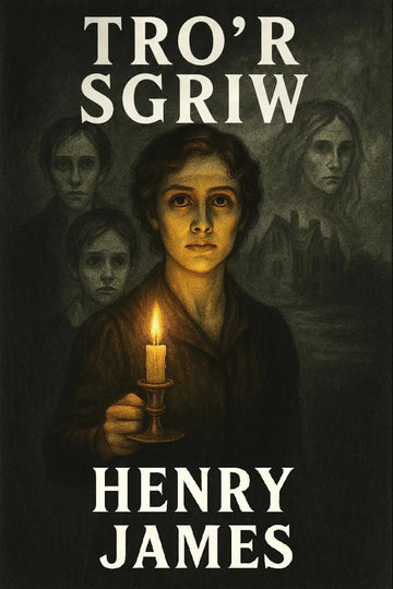 Book cover for 'Tro’r Sgriw' by Henry James, featuring a dark, atmospheric illustration of a woman holding a lit candle, with three ghostly faces in the background and the title and author name in large white text.
