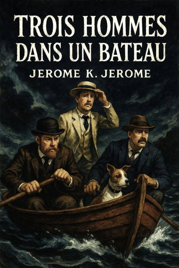 Book cover of 'Trois hommes dans un bateau' by Jerome K. Jerome with three men in a boat and a dog.