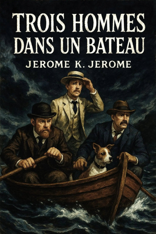 Book cover of 'Trois hommes dans un bateau' by Jerome K. Jerome with three men in a boat and a dog.