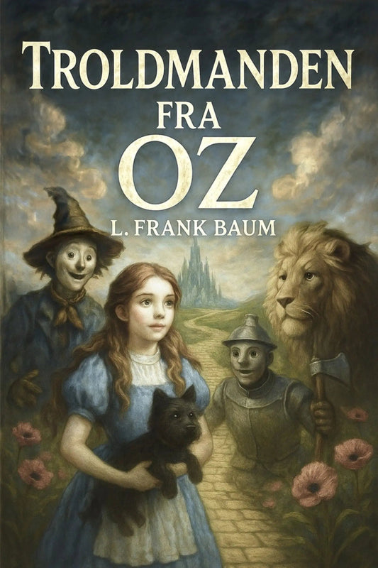 Book cover for 'Troldmanden fra Oz' by L. Frank Baum, featuring an illustrated scene with Dorothy, the Scarecrow, the Lion, and the Tin Man on a stone path under a cloudy sky.