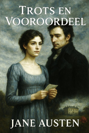 Book cover of 'Trots en Vooroordeel' by Jane Austen featuring a man and woman in a historical setting.