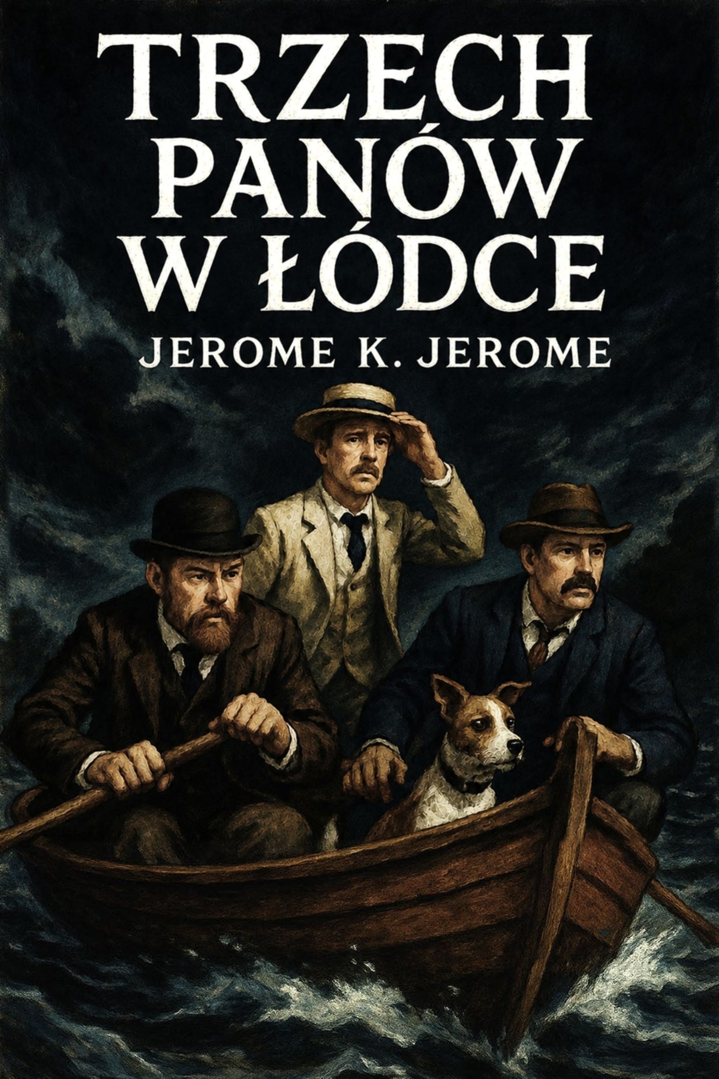 Book cover of 'Trzech panów w łódce' by Jerome K. Jerome with three men in a boat and a dog.