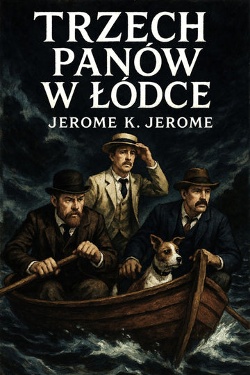 Book cover of 'Trzech panów w łódce' by Jerome K. Jerome with three men in a boat and a dog.